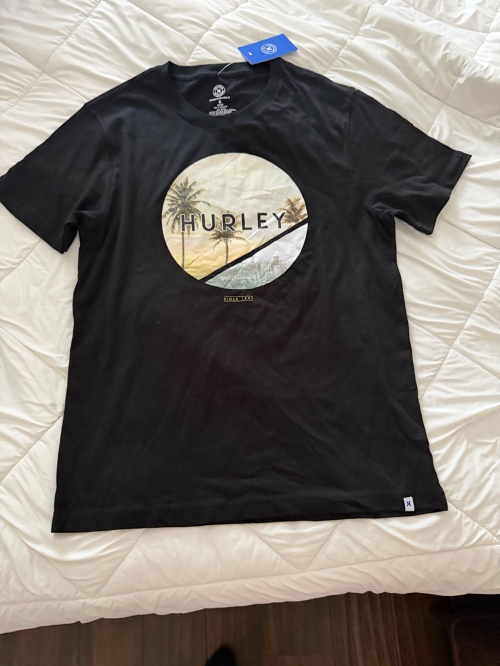 Hurley Black Short-Sleeve Logo Tee with Sunset Palm Graphic